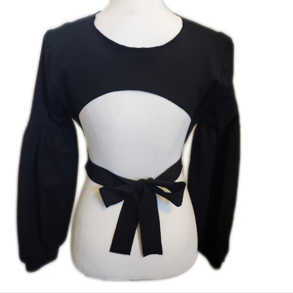 Topshop Black Stretchy Crop Top, Open Back Tie Bow Bishop Sleeves, Size 8 - Picture 4 of 11